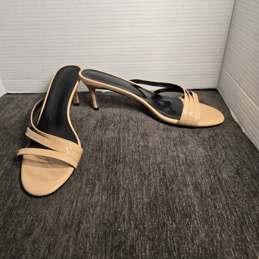 Nude Patent Leather Strappy Kitten Heel Sandals Mules Tan US 9.5 EU 40.5